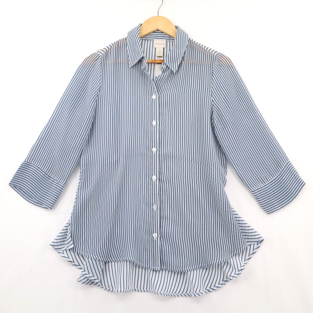 CHICOS Sz 0 (US S) Blue & White Striped Blouse Top Semi-Sheer Button Up Womens